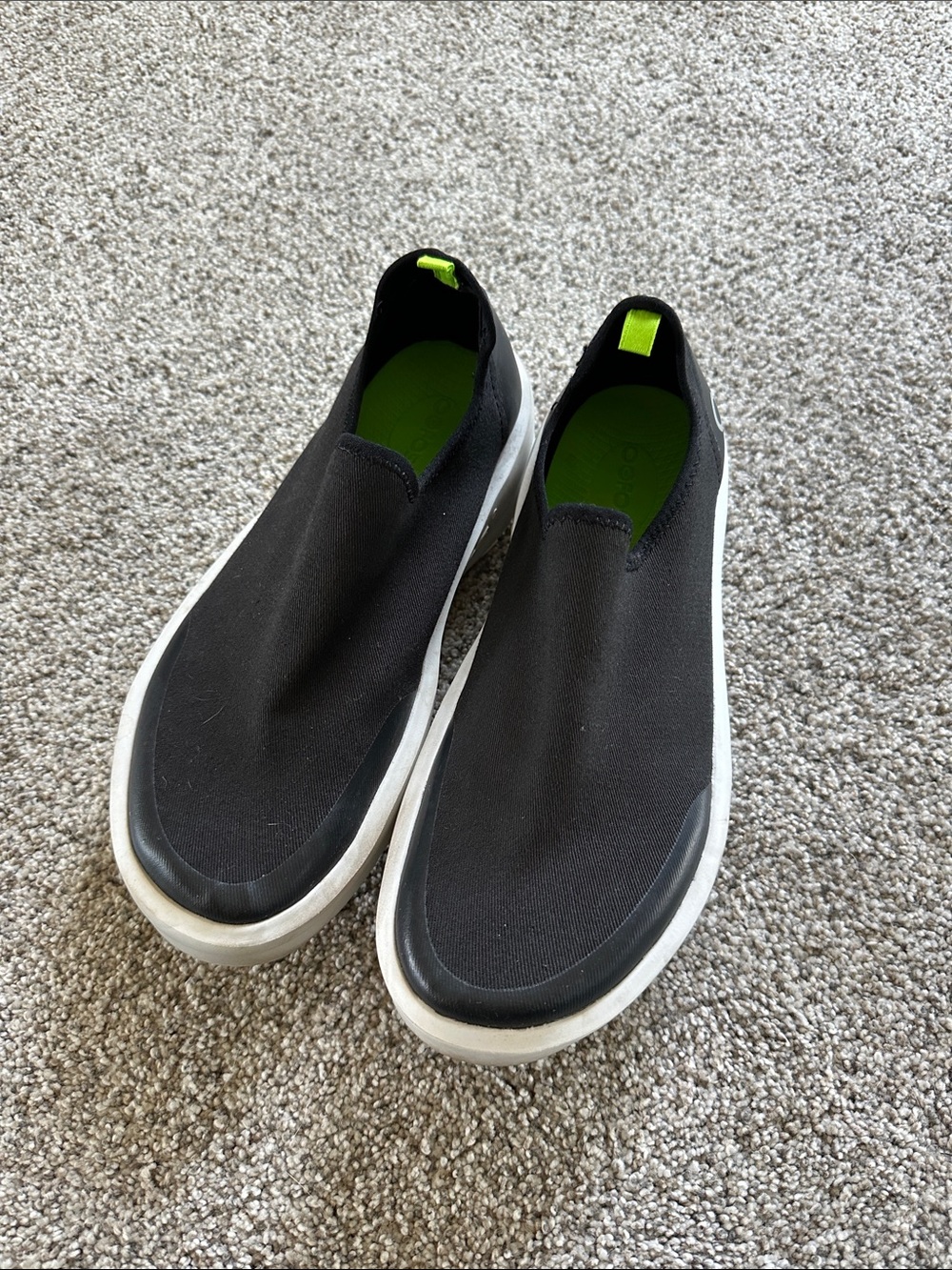 OOFOS Black Recovery Slip Ons with White Sole and Neon Green Accents